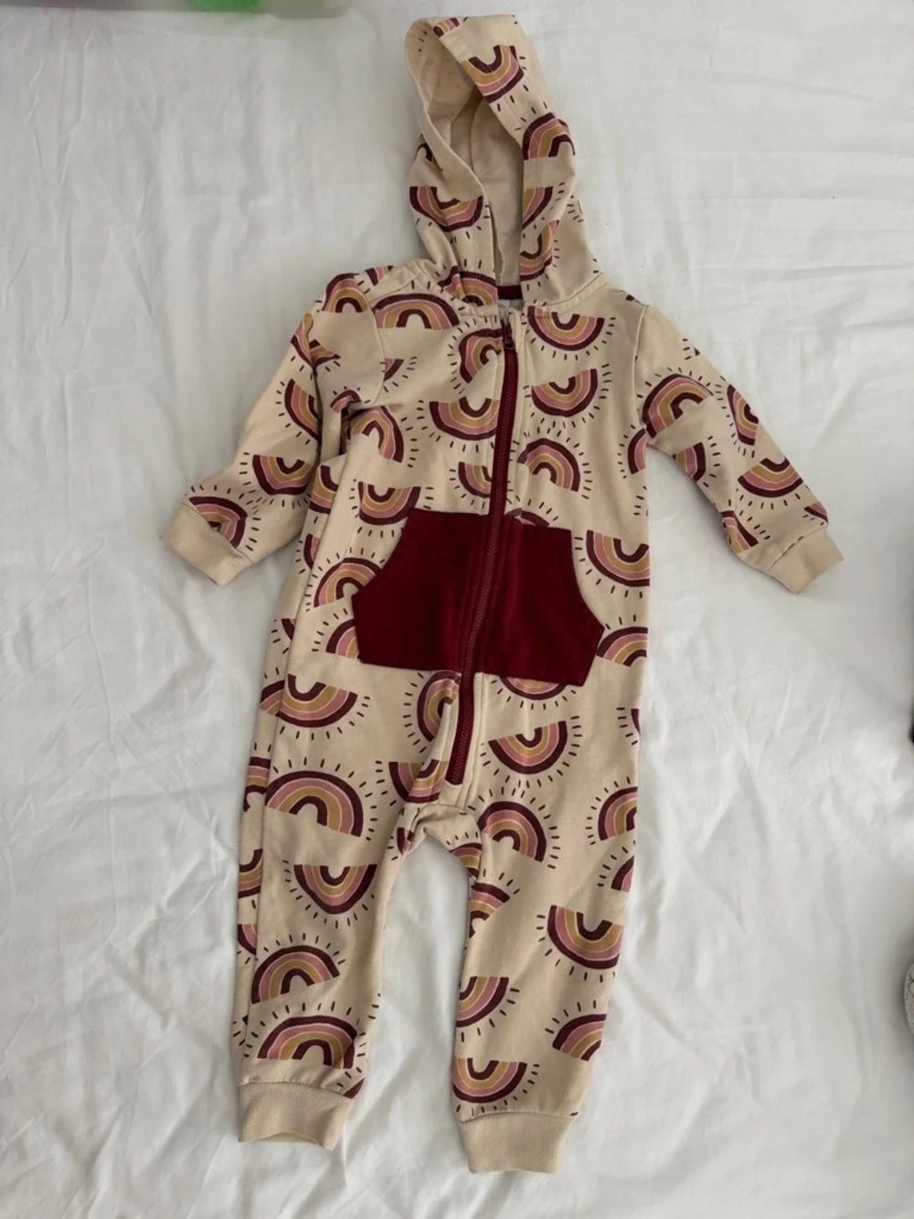 Kids Hooded One-Piece with Burgundy Rainbow Print baby 12-18months